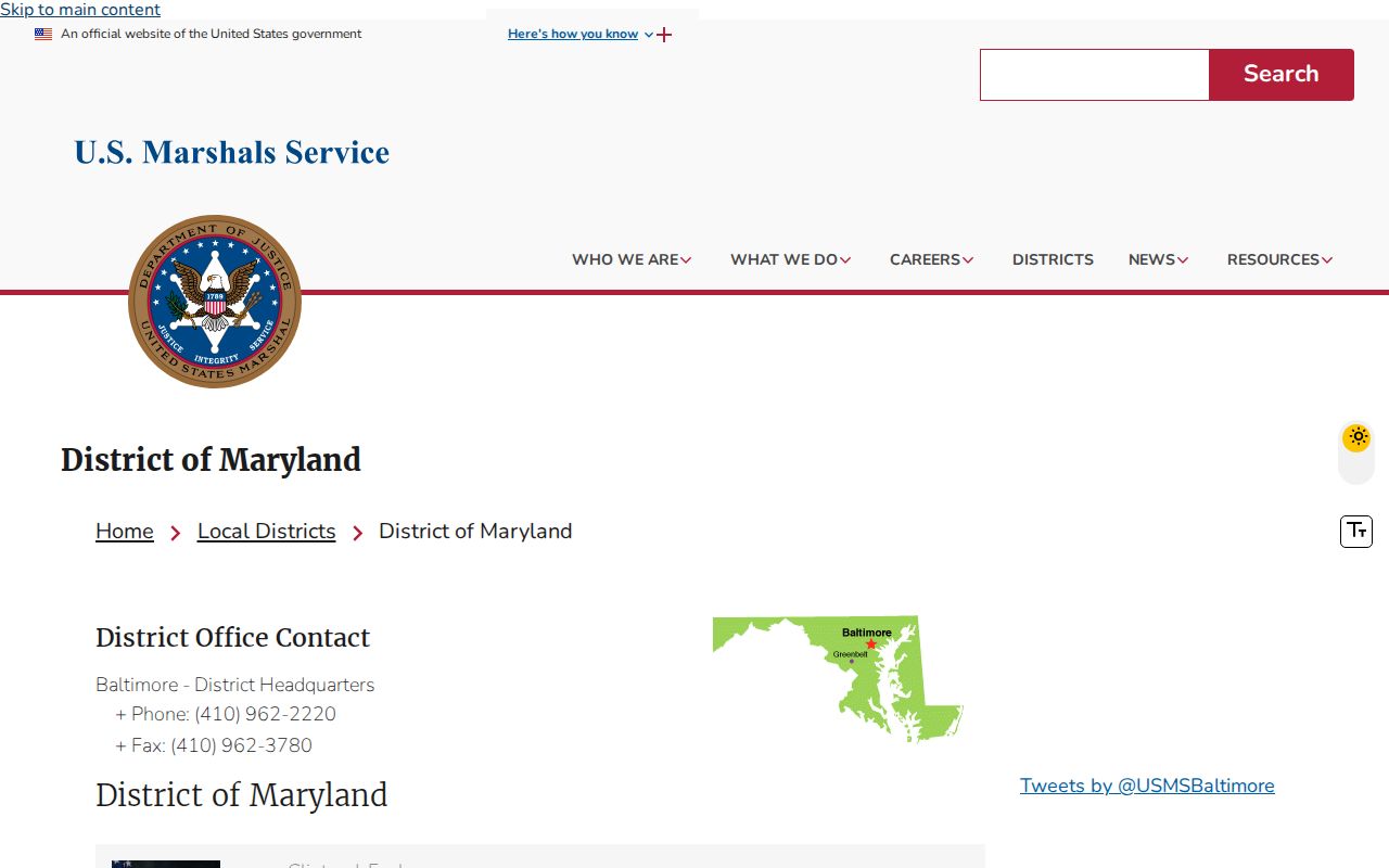 Screenshot of the U.S. Marshals Service District of Maryland fugitive and contact page