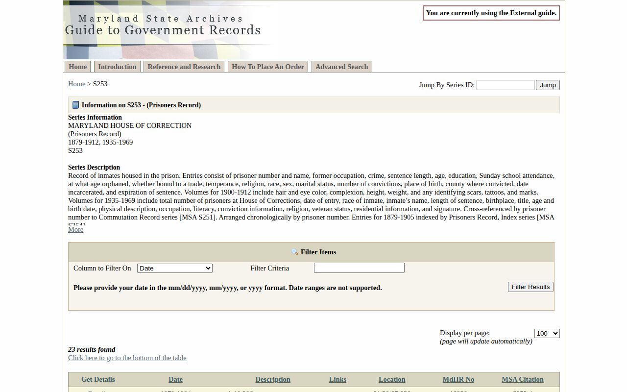 Maryland House of Correction S253 prisoner record finding aid for historical correctional records