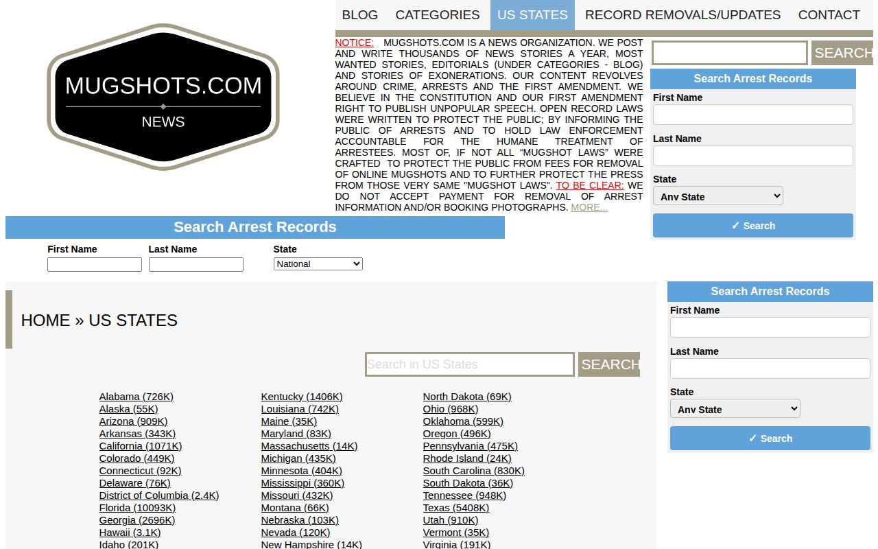 Maryland entry in an unofficial mugshot publisher state index