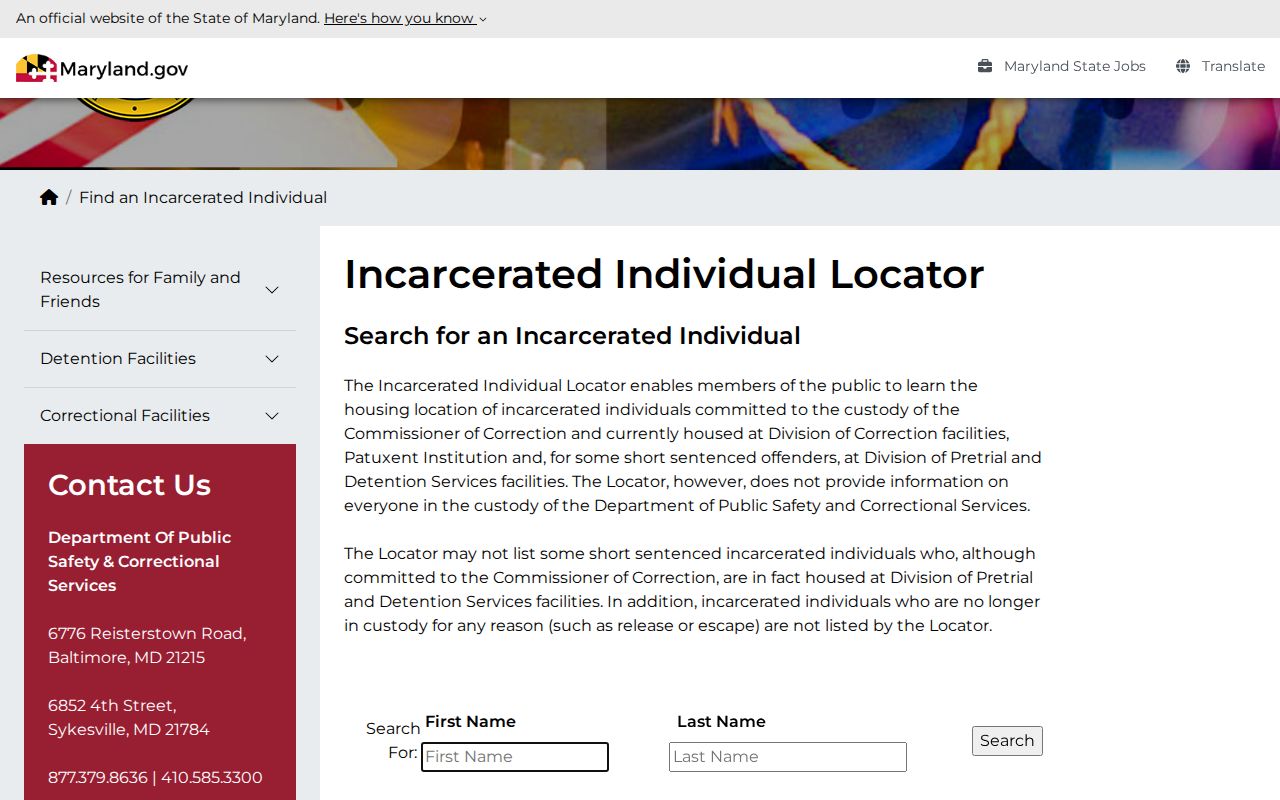 Maryland DPSCS incarcerated individual locator for state custody records