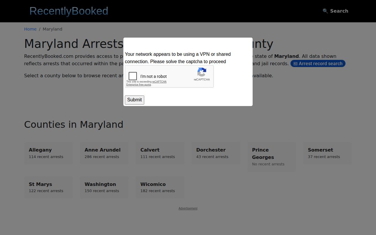 RecentlyBooked Maryland secondary booking index page