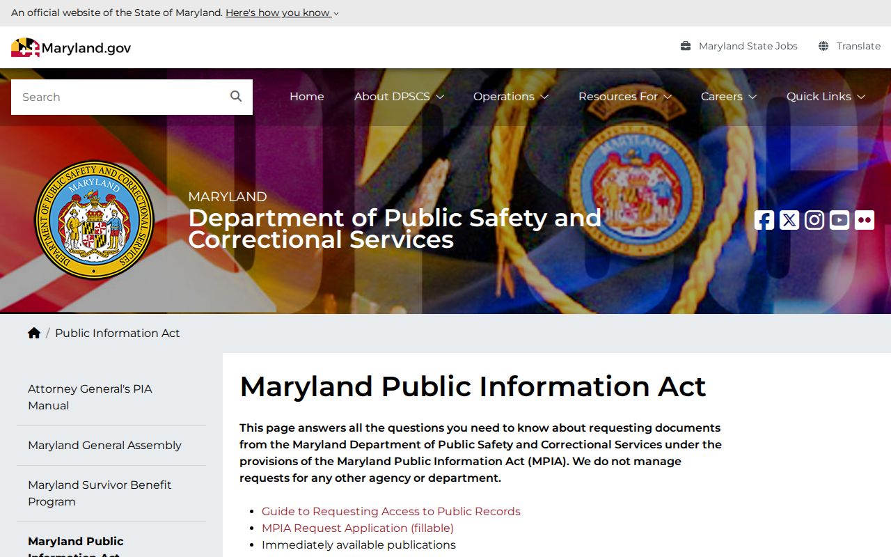 Maryland DPSCS public records request page for booking and custody records