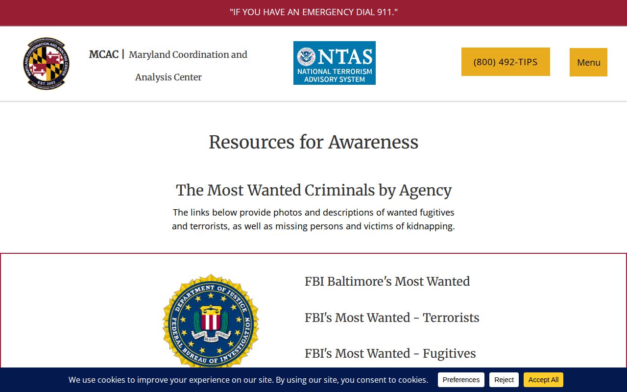 Screenshot of Maryland Coordination and Analysis Center's agency-based most wanted navigation
