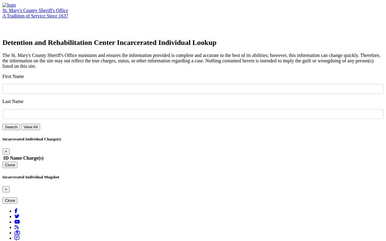 St. Mary's County Maryland current roster and booking record interface